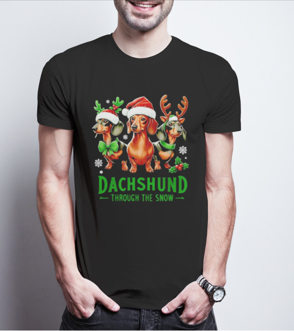 Dachshund Through The Snow Santa Hat Reindeer Antlers Christmas Bow T-Shirt