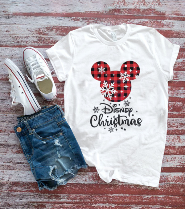 Disney Christmas Plaid Mouse Head With Snowflakes T-Shirt