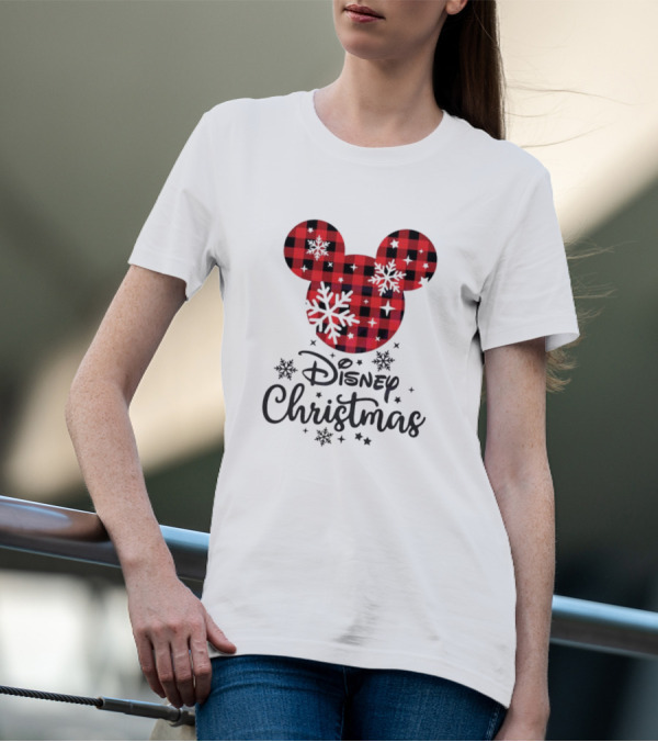 Disney Christmas Plaid Mouse Head With Snowflakes T-Shirt