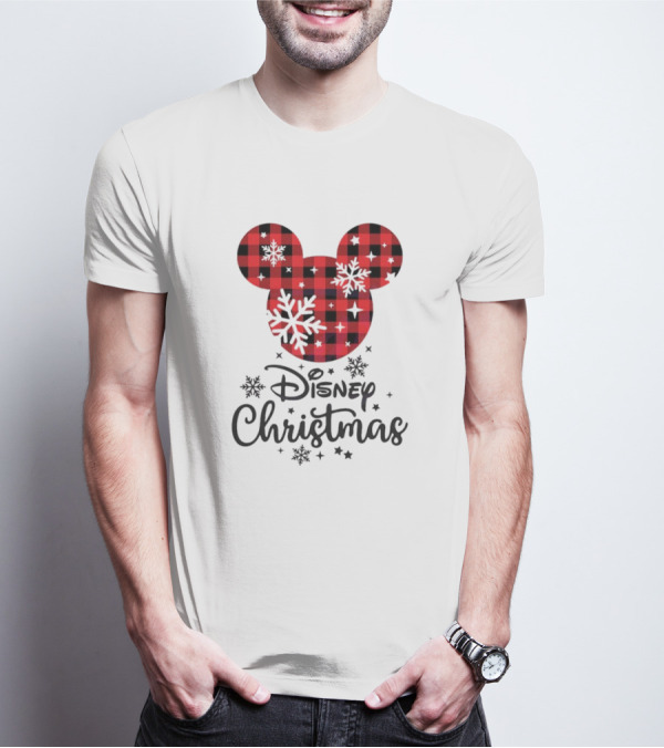 Disney Christmas Plaid Mouse Head With Snowflakes T-Shirt