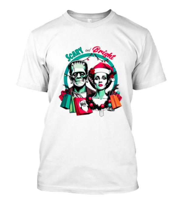 Scary And Bright Horror Christmas Frankenstein And Bride Festive Lights T-Shirt