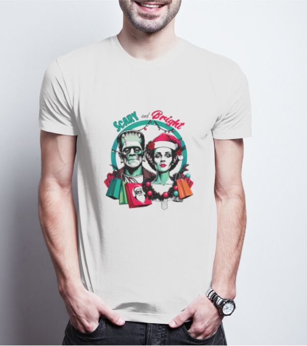 Scary And Bright Horror Christmas Frankenstein And Bride Festive Lights T-Shirt