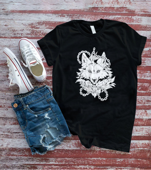 Wolf And Chains Intricate Black White T-Shirt