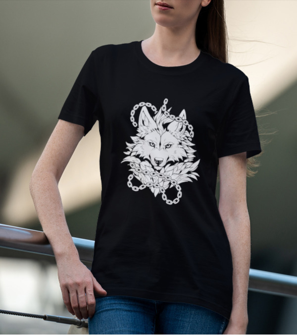Wolf And Chains Intricate Black White T-Shirt