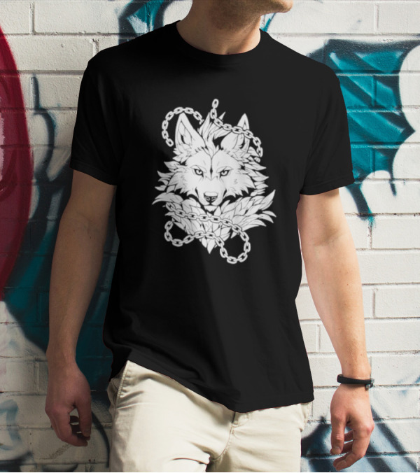 Wolf And Chains Intricate Black White T-Shirt