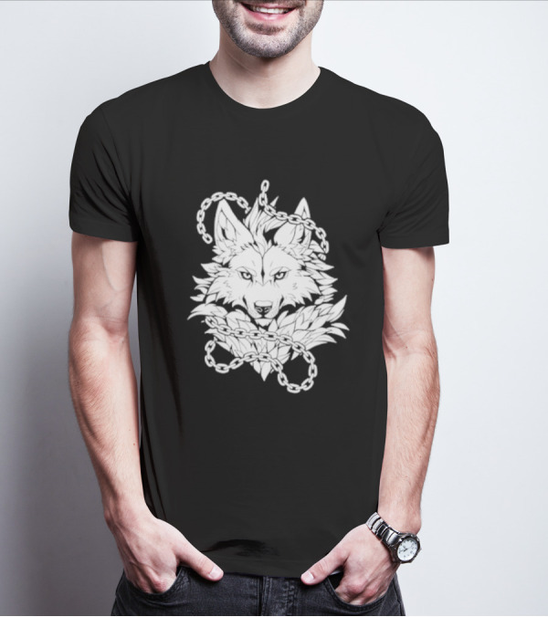 Wolf And Chains Intricate Black White T-Shirt