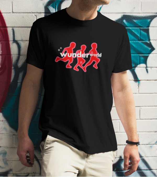 Aries Wunderworld Running Figures Red Neon Text T-Shirt