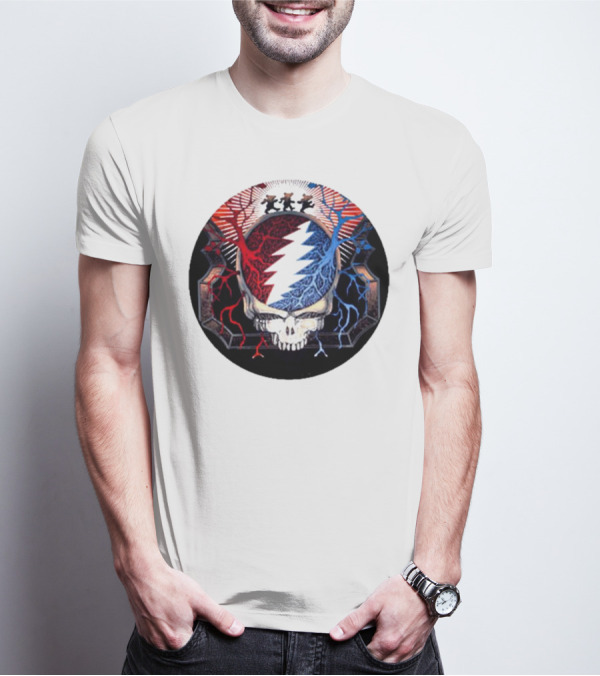 Grateful Dead Skull Bear Red Blue Lightning Bolt Circle T-Shirt