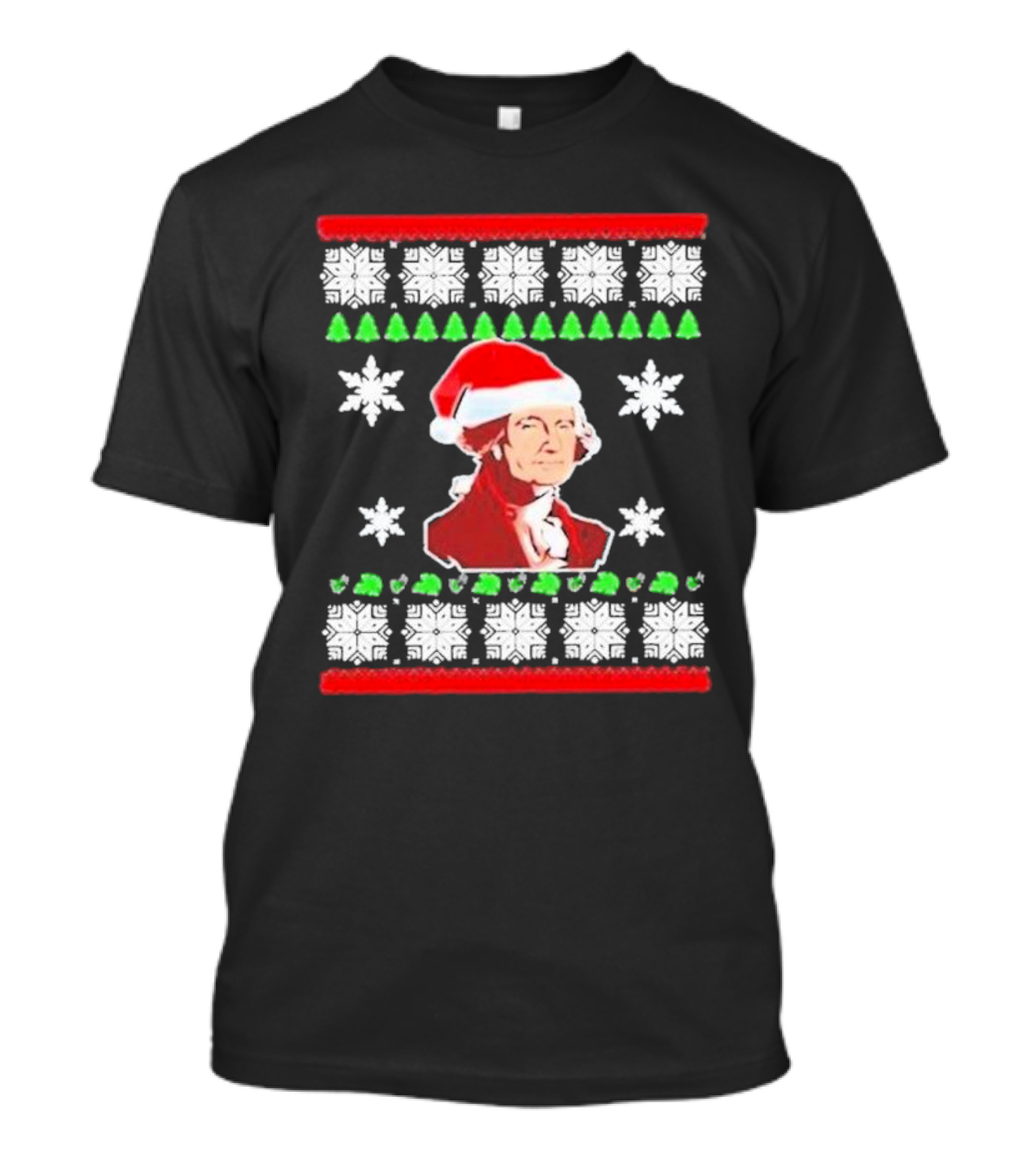 George Washington Santa Hat Christmas Ugly Sweater Style Snowflakes And Trees T-Shirt
