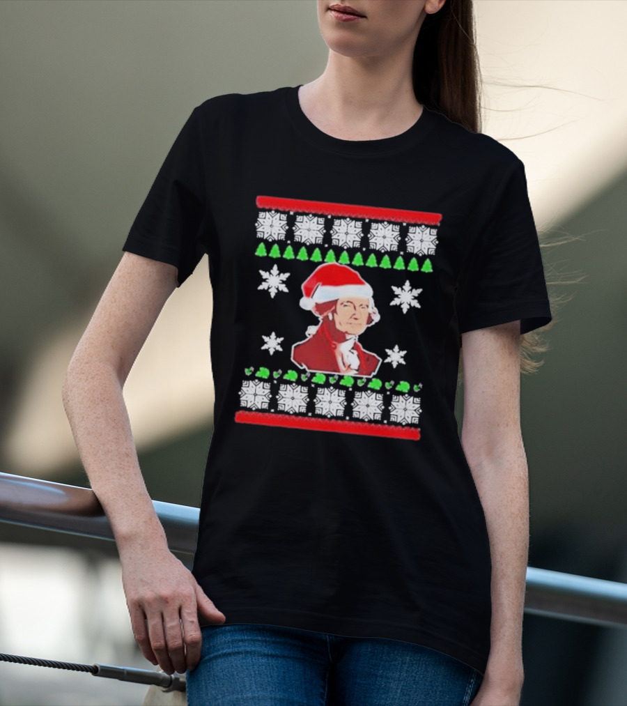 George Washington Santa Hat Christmas Ugly Sweater Style Snowflakes And Trees T-Shirt