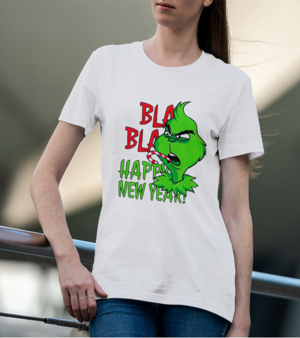 Bla Bla Happy New Year Grinch Candy Cane Image T-Shirt