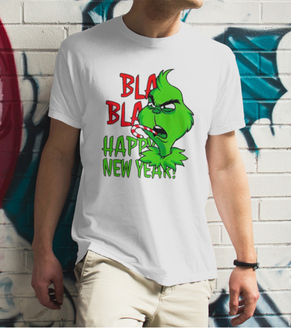 Bla Bla Happy New Year Grinch Candy Cane Image T-Shirt