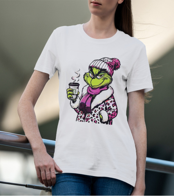 Grinchy And Bougie Pink Leopard Coffee Cozy T-Shirt
