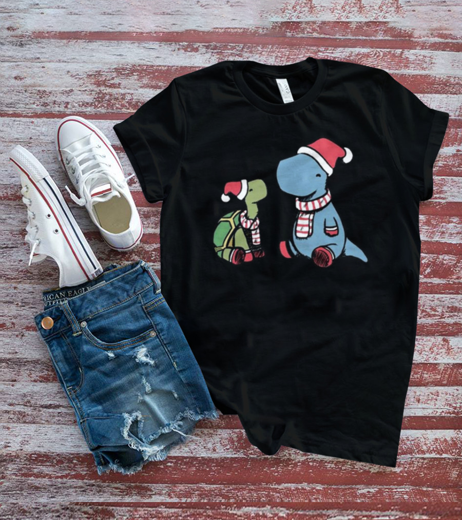 Dinosaur Christmas Tortoise And Dino In Santa Hats And Scarves T-Shirt