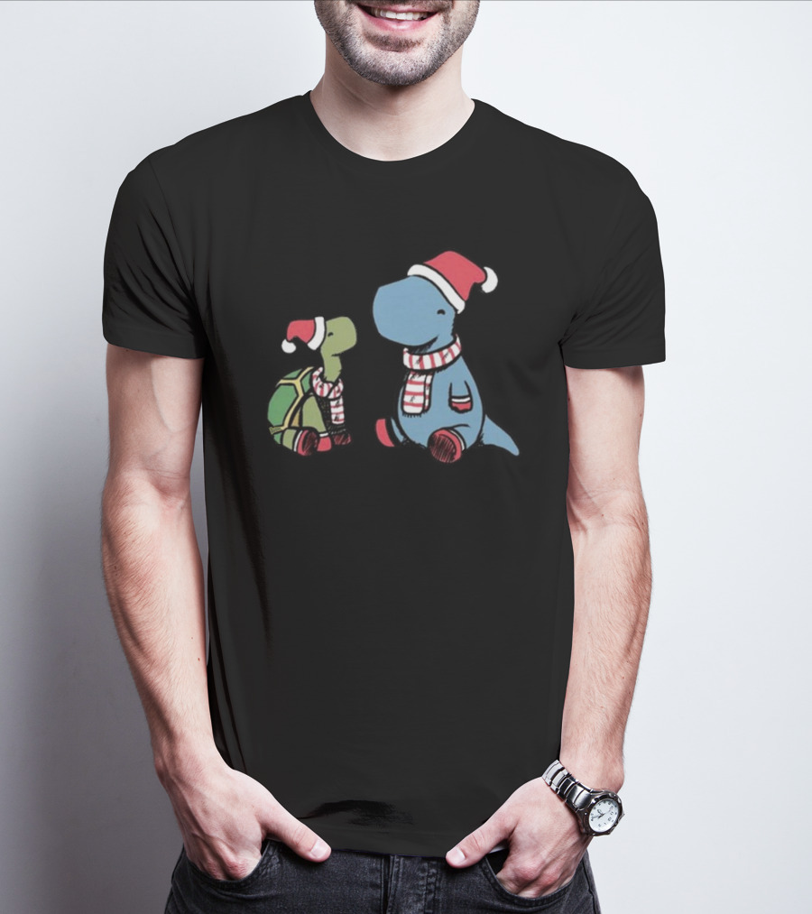 Dinosaur Christmas Tortoise And Dino In Santa Hats And Scarves T-Shirt