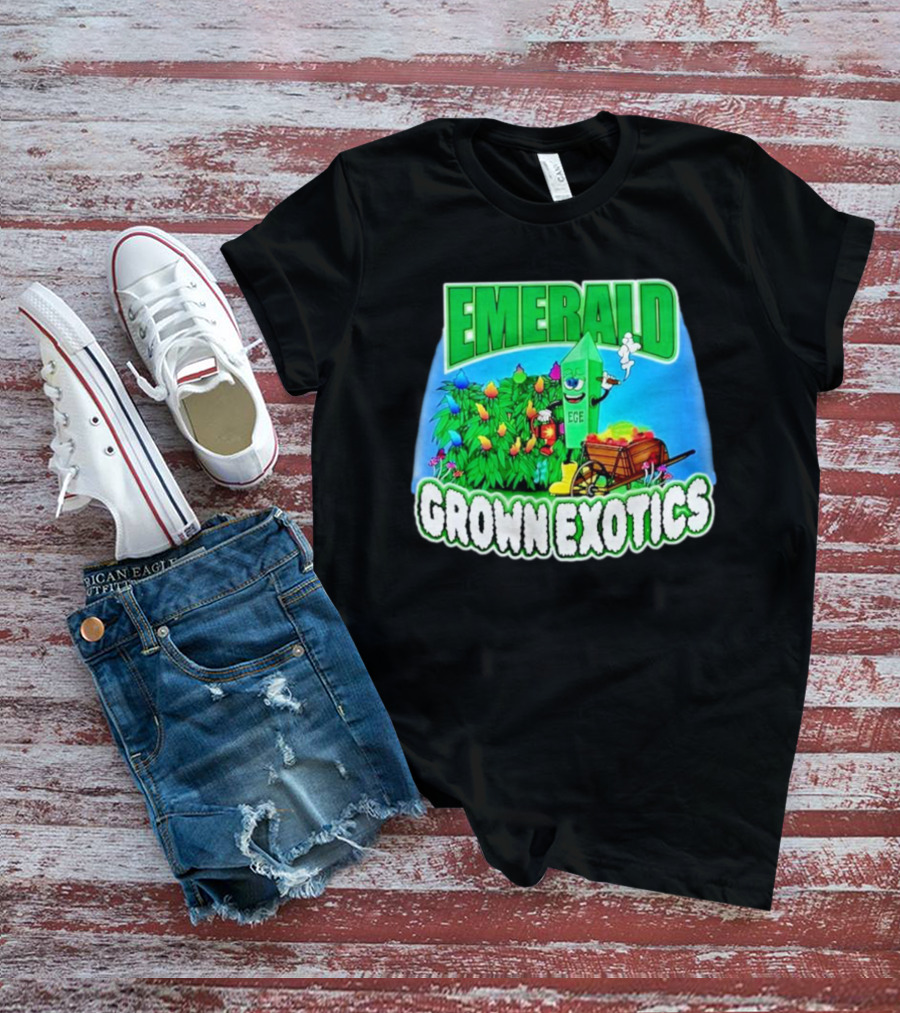 Emerald Grown Exotics Colorful Harvest With EGE Mascot And Wagon T-Shirt