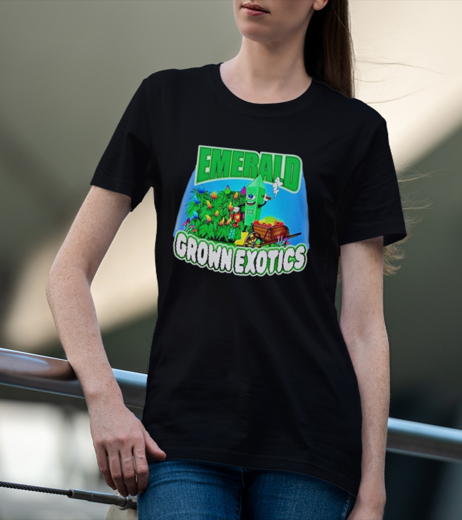 Emerald Grown Exotics Colorful Harvest With EGE Mascot And Wagon T-Shirt