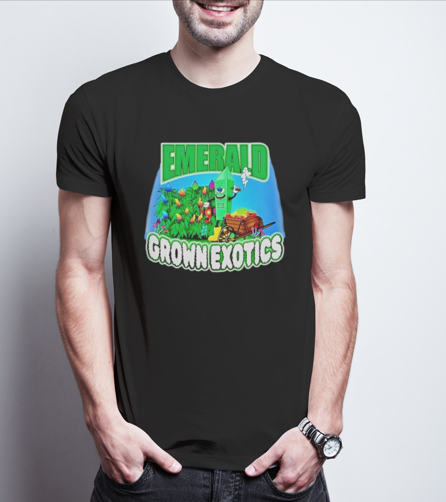 Emerald Grown Exotics Colorful Harvest With EGE Mascot And Wagon T-Shirt