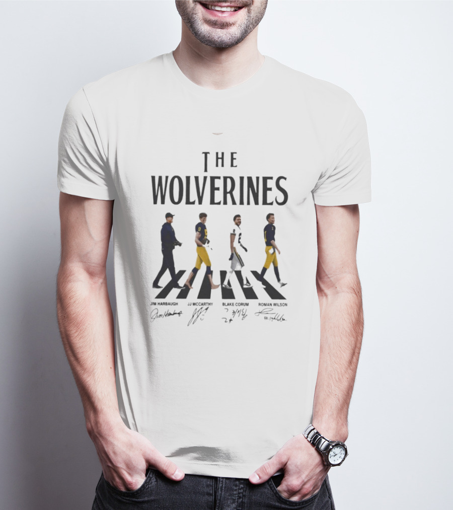 The Wolverines Abbey Road Walk With Signatures Jim Harbaugh J.J. McCarthy Blake Corum Roman Wilson T-Shirt