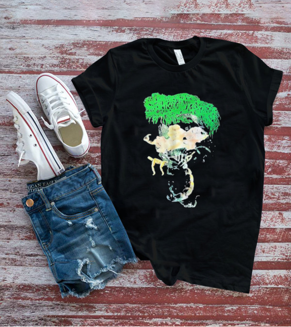 Sanguisugabogg Homicidal Ecstacy Abstract Green Dripping Text With Floral Skull And Spine T-Shirt