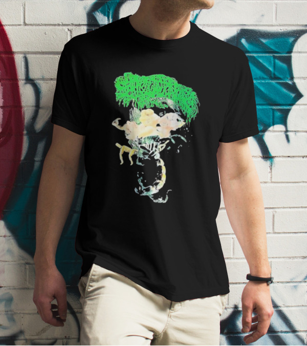 Sanguisugabogg Homicidal Ecstacy Abstract Green Dripping Text With Floral Skull And Spine T-Shirt