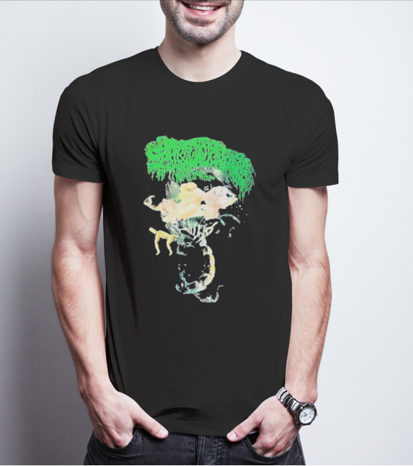 Sanguisugabogg Homicidal Ecstacy Abstract Green Dripping Text With Floral Skull And Spine T-Shirt