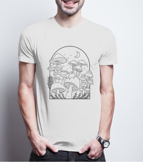 Slimecicle Mushroom Forest Night Scene With Crescent Moon And Cute Ghostly Creature T-Shirt