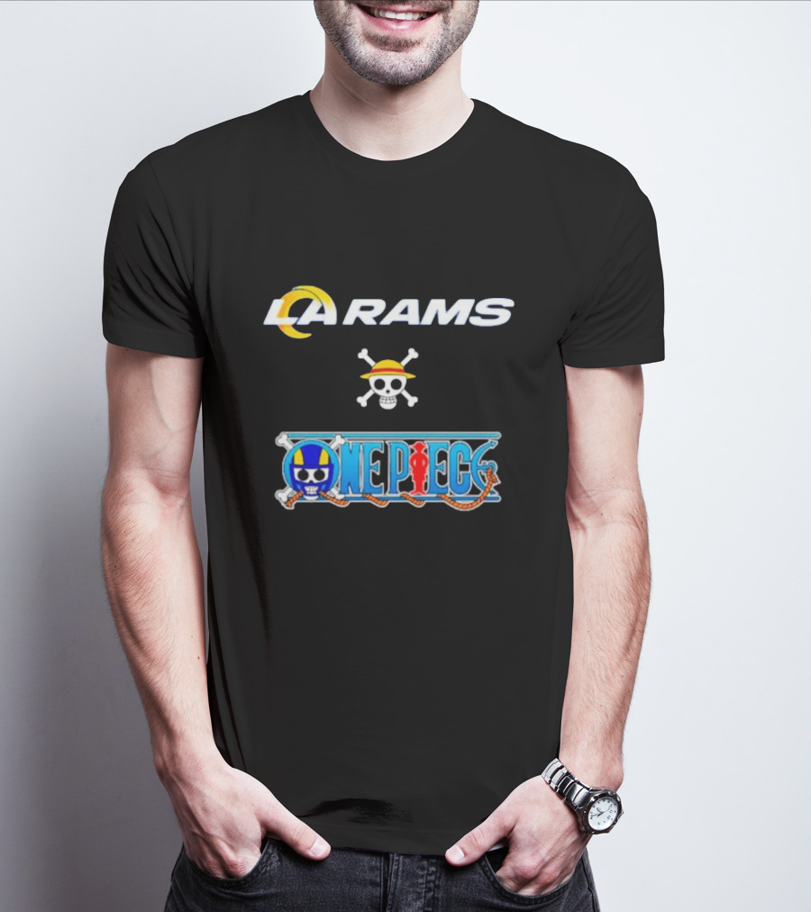 LA Rams One Piece Crossover Logo Skull Hat T-Shirt