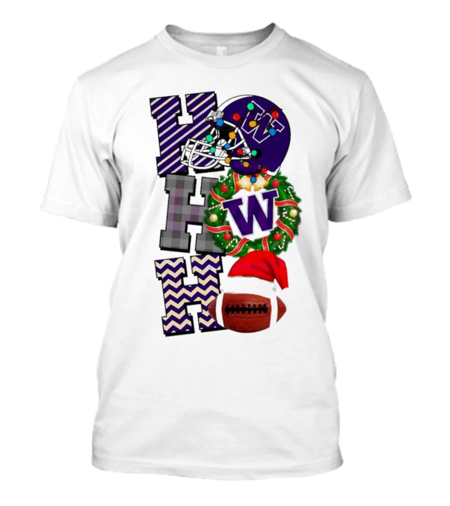 Washington Huskies Football Christmas Helmet Wreath Football Santa Hat Ho Ho Ho T-Shirt
