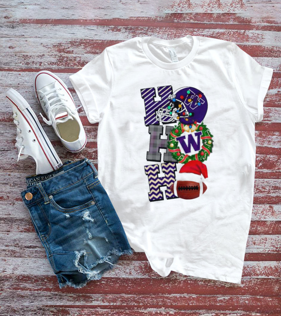 Washington Huskies Football Christmas Helmet Wreath Football Santa Hat Ho Ho Ho T-Shirt