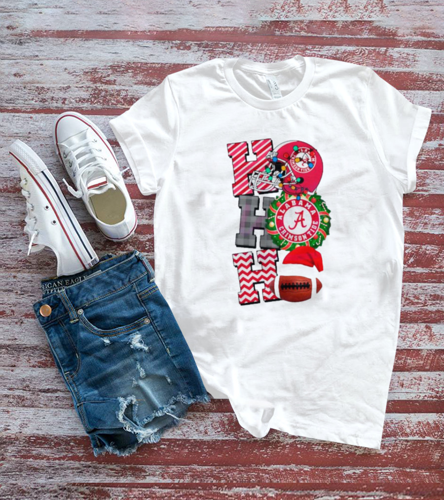Alabama Crimson Tide Football Christmas Ho Ho Ho Santa Hat Wreath Football Helmet T-Shirt