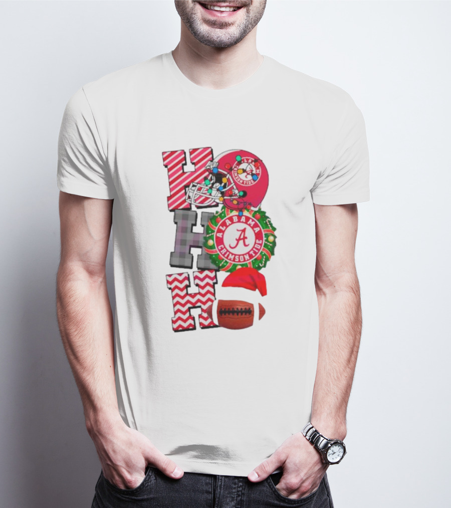 Alabama Crimson Tide Football Christmas Ho Ho Ho Santa Hat Wreath Football Helmet T-Shirt