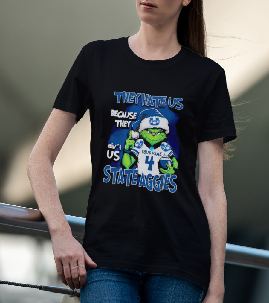 They Hate Us Because They Ain't Us Grinch Santa Utah State Aggies Your Name Custom Number T-Shirt