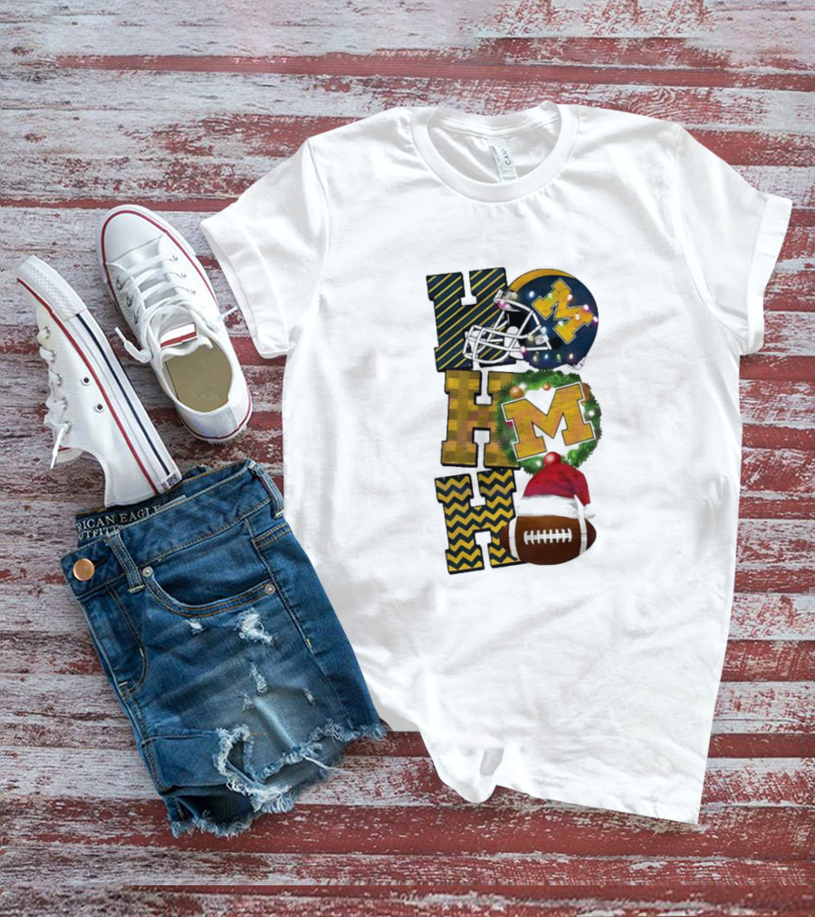 Michigan Wolverines Football Helmet Wreath Christmas Ho Ho Ho T-Shirt