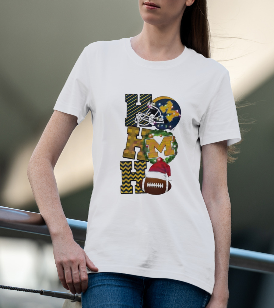 Michigan Wolverines Football Helmet Wreath Christmas Ho Ho Ho T-Shirt