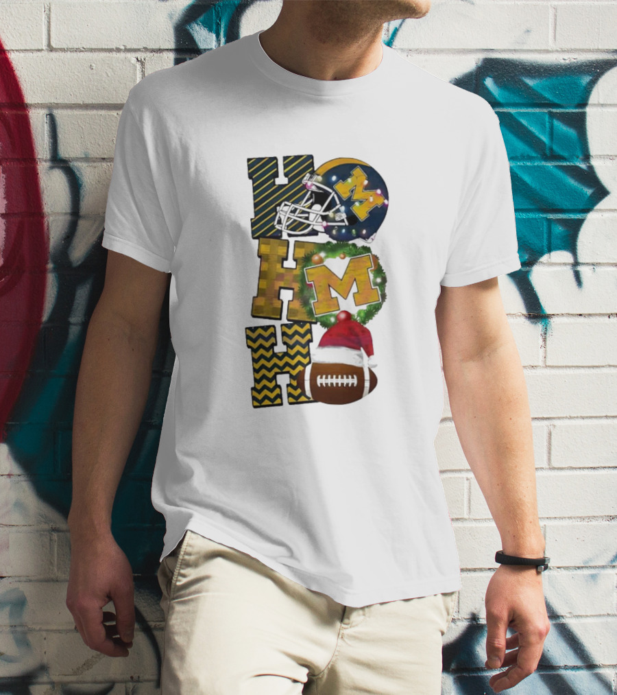 Michigan Wolverines Football Helmet Wreath Christmas Ho Ho Ho T-Shirt