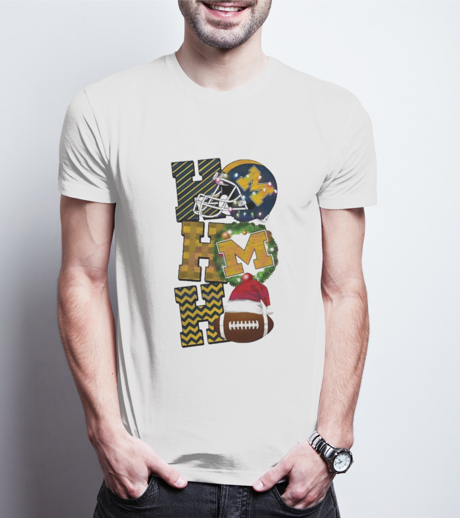 Michigan Wolverines Football Helmet Wreath Christmas Ho Ho Ho T-Shirt