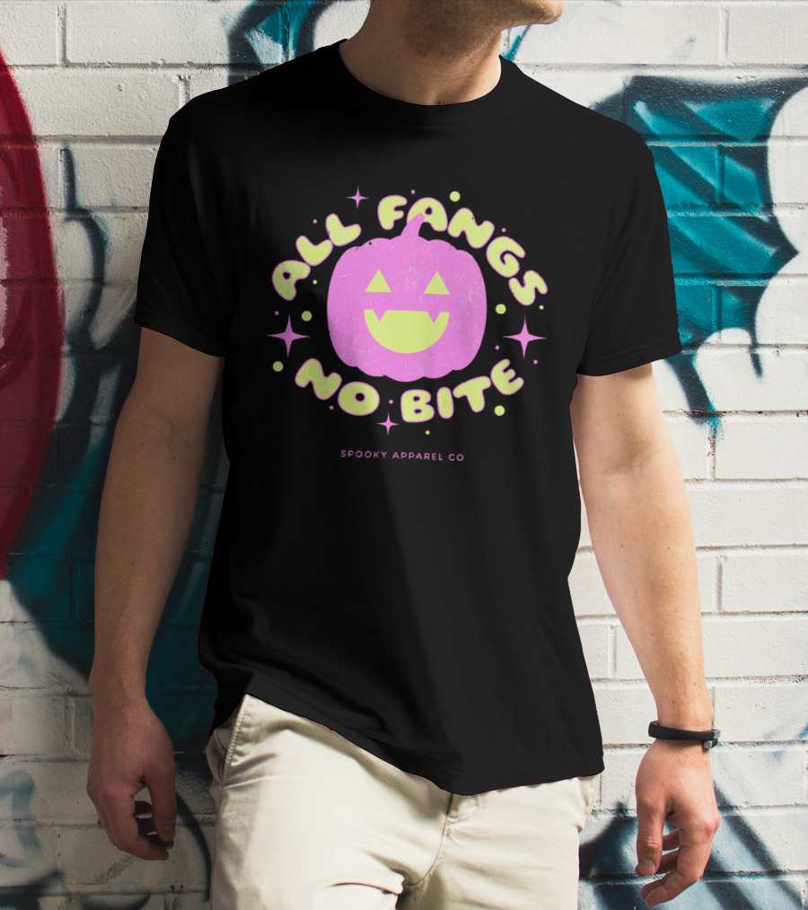 All Fangs No Bite Spooky Apparel Co Halloween Pumpkin T-Shirt