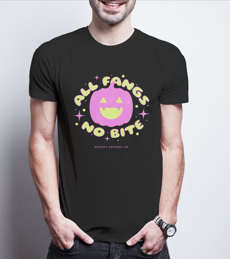 All Fangs No Bite Spooky Apparel Co Halloween Pumpkin T-Shirt
