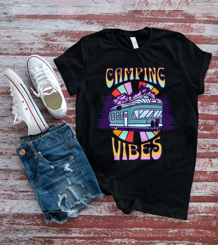 Camping Vibes Retro Travel Trailer Mountains Colorful Sunburst T-Shirt