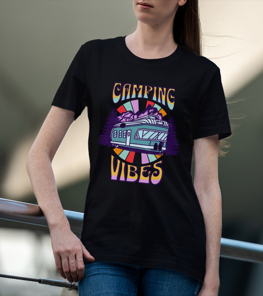 Camping Vibes Retro Travel Trailer Mountains Colorful Sunburst T-Shirt