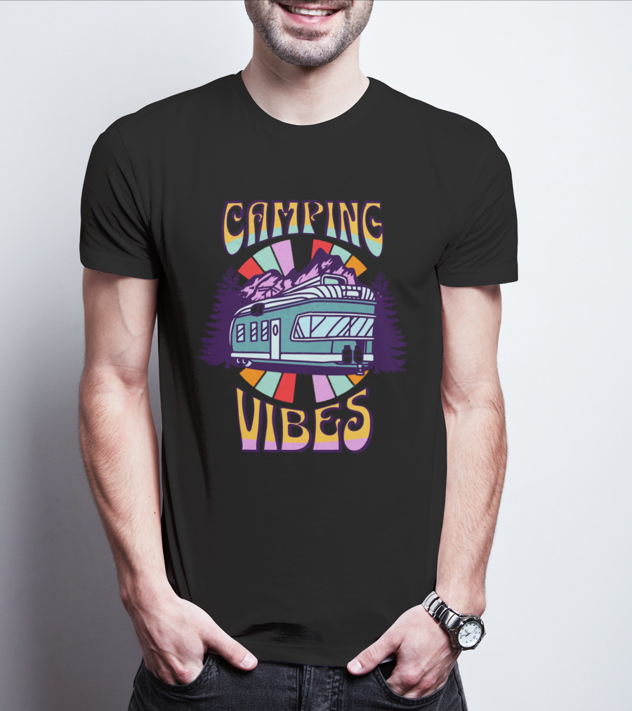 Camping Vibes Retro Travel Trailer Mountains Colorful Sunburst T-Shirt
