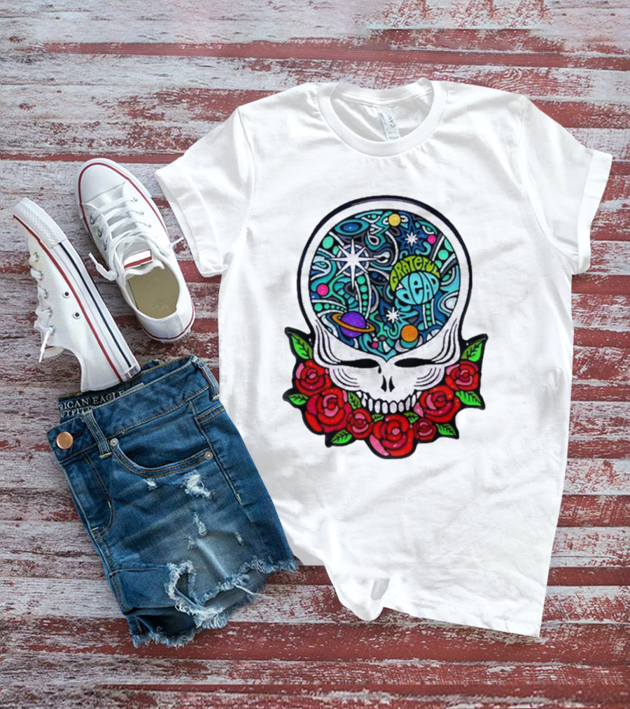 Grateful Dead Skull With Cosmic Rose Design By Danny Steinman T-Shirt