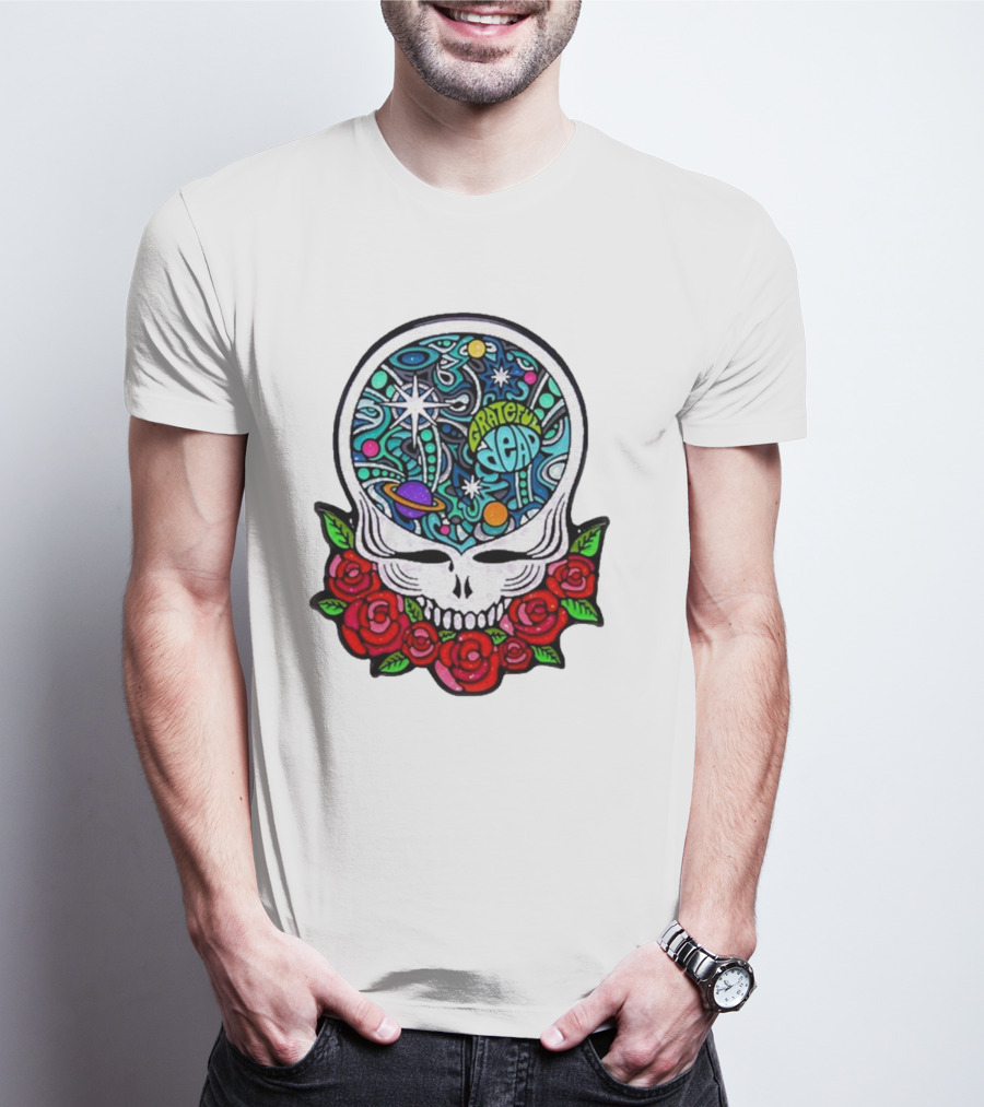 Grateful Dead Skull With Cosmic Rose Design By Danny Steinman T-Shirt