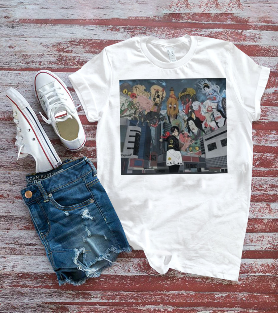 Kemuri Ikumi X Nass Anime Yokai-Inspired Urban Chaos Scene T-Shirt