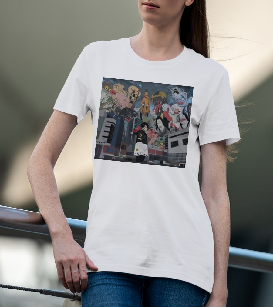 Kemuri Ikumi X Nass Anime Yokai-Inspired Urban Chaos Scene T-Shirt