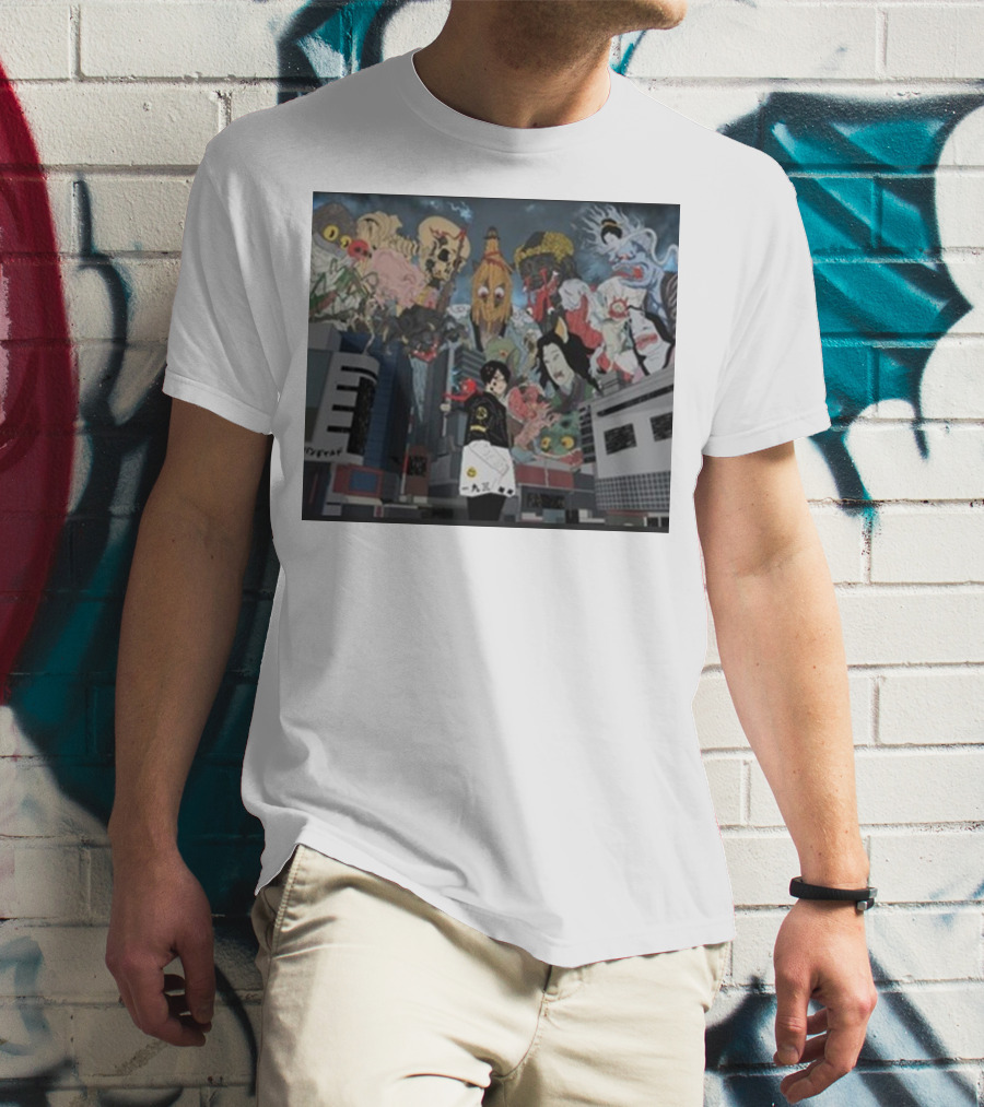 Kemuri Ikumi X Nass Anime Yokai-Inspired Urban Chaos Scene T-Shirt