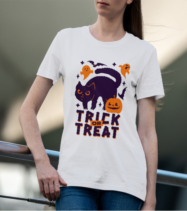 Trick Or Treat Halloween Cats Pumpkins Ghosts And Bats T-Shirt