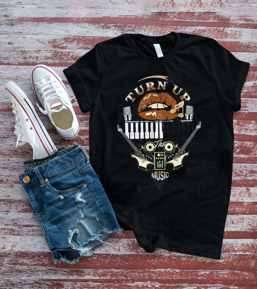 TURN UP THE MUSIC Keyboard Guitars And Microphones T-Shirt