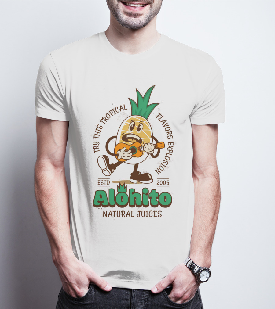 Alohito Natural Juices Tru-Taste Tropical Flavors Pineapple Mascot ESTD 2005 T-Shirt